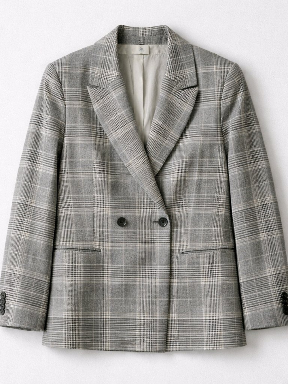 H&M Grey Plaid Double Breasted Blazer Glen Check Jacket Size 8 Workwear Chic